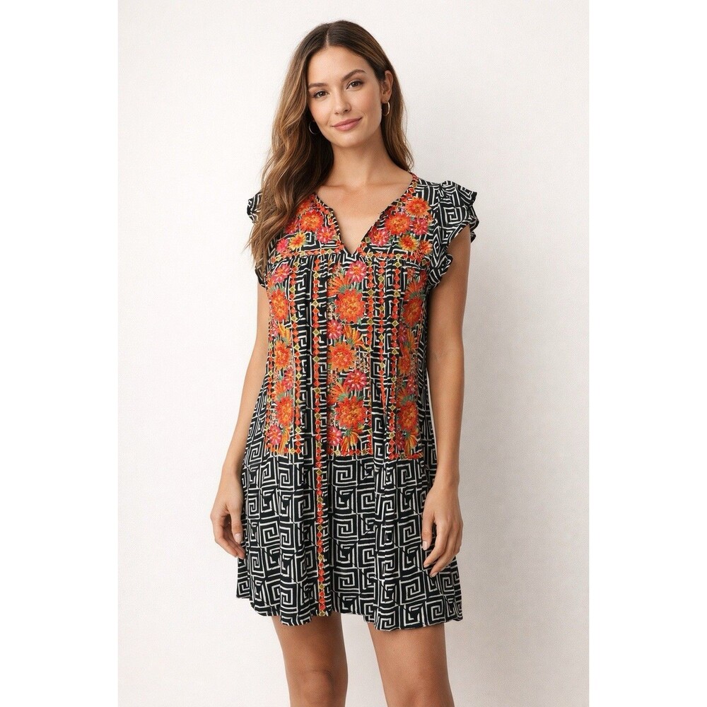 SAVANNAH JANE EMBROIDERED FLORAL GEOMETRIC DRESS FLUTTER SLEEVE SMALL GUC
